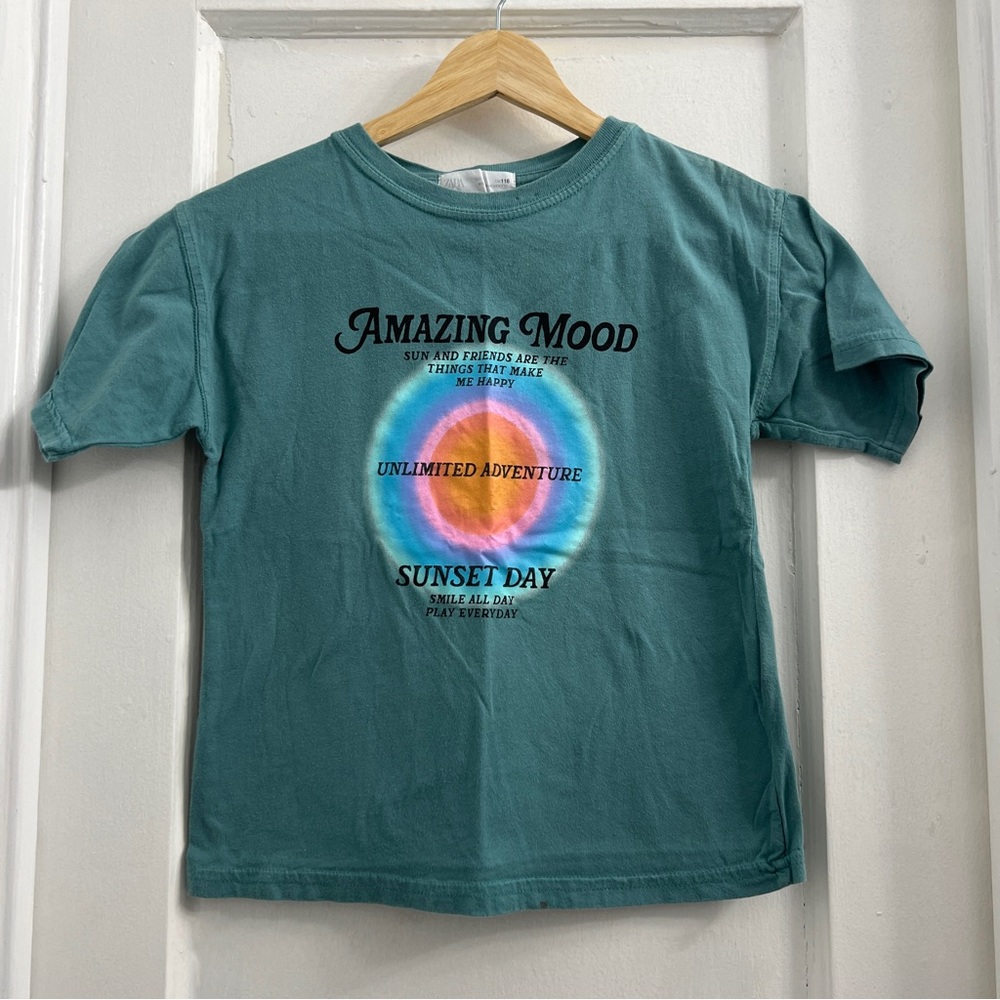 Zara Teal Short Sleeve Tee with Multicolor Graphic